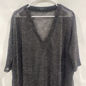 Black Sparkle Sheer Dress V-Neck Women M L Oversized Shirt Dress Comfort Holiday